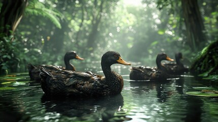 Poster - Black Ducks Swimming in a Lush Forest Pond