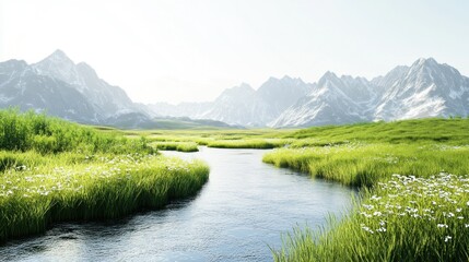 A Serene Stream Winding Through a Lush Meadow With Snow-Capped Mountains in the Background