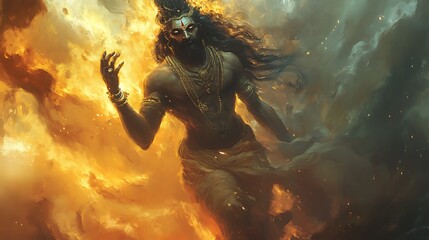 Canvas Print - Powerful Hindu God Shiva in Fire and Smoke Digital Painting