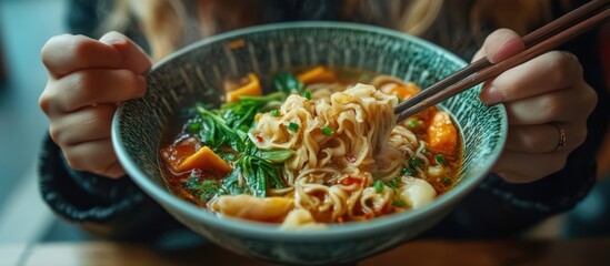 Poster - Close-up of a person eating noodles with chopsticks