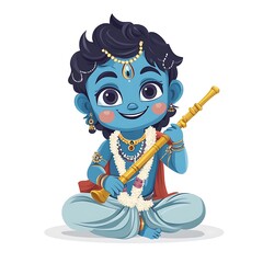 Wall Mural - Cute Cartoon Illustration of Baby Krishna Playing Flute