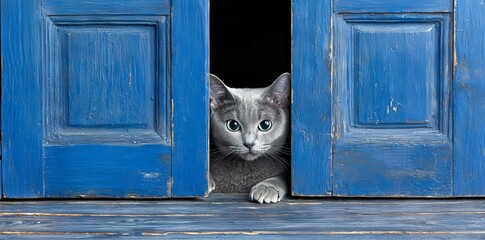 It showcases the inquisitive nature of a cat looking into a new space. Ideal for pet lovers and animal photographers.