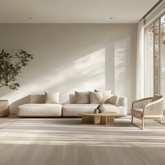 Wall Mural - A minimalist living room modern furniture and a focus on the flooring The overall vibe is serene  