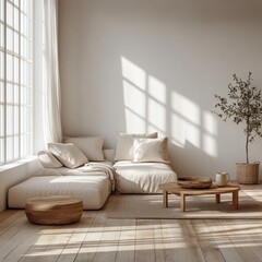 Wall Mural - A minimalist living room modern furniture and a focus on the flooring The overall vibe is serene  