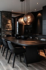 Wall Mural - A modern dining space with an oval black wooden table and matching black chairs  