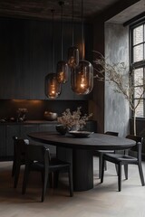 Wall Mural - A modern dining space with an oval black wooden table and matching black chairs  