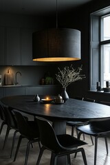 Wall Mural - A modern dining space with an oval black wooden table and matching black chairs  