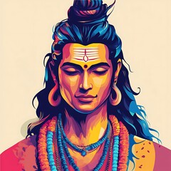 Wall Mural - Colorful Illustration of Shiva, Hindu Deity with Third Eye and Rudraksha Beads