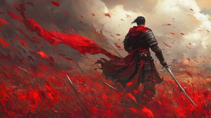 A lone warrior stands amidst a field of crimson amidst a backdrop of smoke and fire