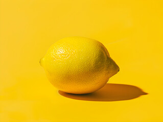 Bright yellow lemon stands out against a sunshine yellow background, contrasted by green leafy stem.