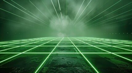 bright green laser beams forming a grid pattern on a dark, foggy background, adding depth to the vis