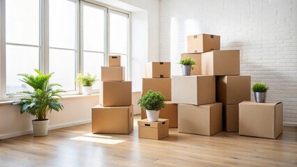 Many cardboard boxes and plants standing on hardwood floor in bright empty room with sunlight from window