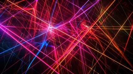 Canvas Print - Bright laser lines in various colors forming a web of light on a black backdrop, creating a dynamic and energetic effect