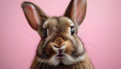 Surprised brown rabbit portrait against a vibrant pink background, captivating gaze directed at the camera