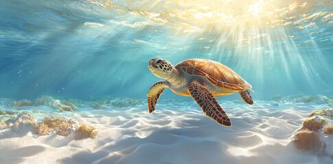 Nature's beauty and the beauty of ocean life are captured in this image of a majestic turtle swimming gracefully in turquoise water.