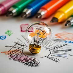 Poster - Light bulb on white background with colorful pens and abstract scribbles. Concept for innovation, creativity, ideas, and inspiration