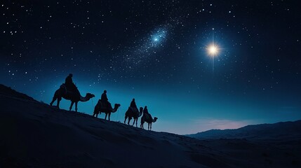 the three wise men of the east. a group of men riding camels under a starry sky