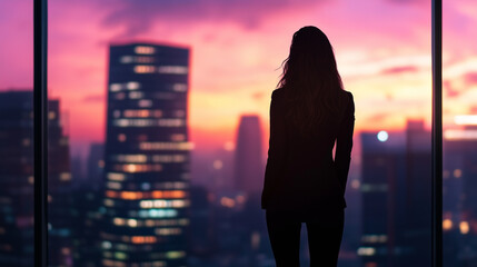 The silhouette of a successful businesswoman in a tailored suit, standing before a large office window, gazing at a vibrant cityscape with towering skyscrapers, representing her ac