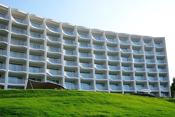 Wall Mural - Modern White Hotel Building With Balconies and Green Lawn