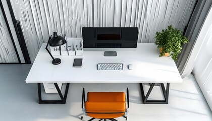 Sleek minimal workspace featuring a top-down view of a monitor on a pristine white desk