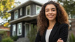 © Maksym - A confident real estate agent with a welcoming smile poses in front of a modern house, its sharp architecture and lush landscaping framing her professional demeanor as she engages