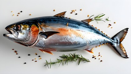 Stunning portrait of a delectable tuna fish presented in full-body left view, illuminated by expert lighting against a clean white backdrop