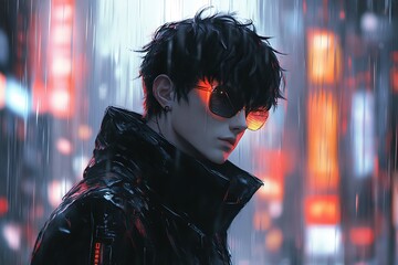 Cyberpunk Anime Male Character with Sunglasses in Neon City