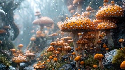 Canvas Print - Enchanted Forest: A Close-Up View of Golden Mushrooms in the Rain