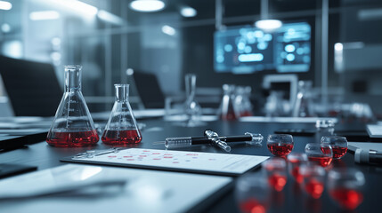 A high-level corporate meeting room features a table scattered with scientific tools, from lab instruments to data charts, symbolizing the integral role of science in driving busin