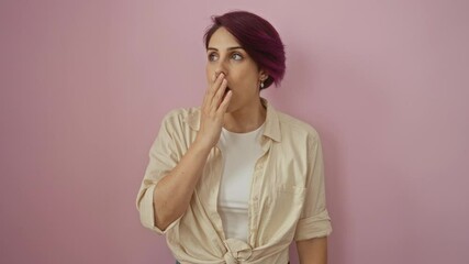 Sticker - Young woman, caucasian, wearing shirt, standing with mouth and hand covering surprised expression over isolated pink background, shocked and afraid by surprise gesture