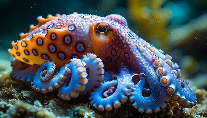 Striking close-up view of a blue-ringed octopus showcasing marine beauty in vibrant colors for ocean conservation and aquatic life documentation