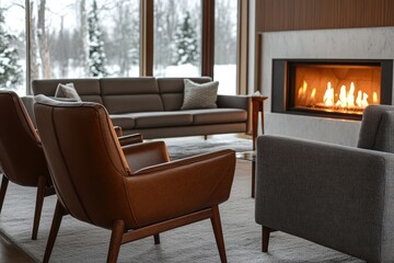 Cozy mid-century modern living room with rich brown leather chairs and a sleek grey sofa, set against a glowing fireplace and wintery window scene.