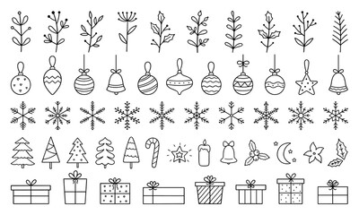 Hand drawn set of Christmas design doodle elements. Snowflakes, Christmas balls, Christmas trees, gift box, winter branches in sketch style. Vector illustration isolated on white background