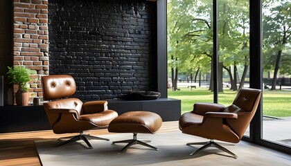 Modern living room with brown leather chairs and an old black brick wall, featuring a park view and stylish contemporary interior design.