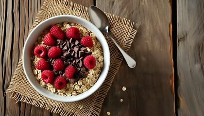 Delicious oatmeal bowl adorned with fresh raspberries and rich chocolate shavings on rustic wooden table