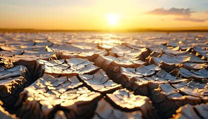 Golden sunlight illuminates cracked dry earth in an arid landscape, highlighting the stark beauty of natures resilience