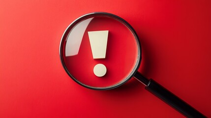 View through a magnifying glass on an exclamation mark over a red background An attentiongrabbing image that represents warnings or caution ideal for safety or alert themes