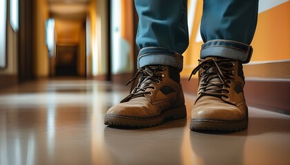 Energetic feet ready for adventure in a bustling hallway