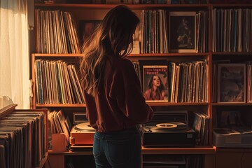 cozy living room filled with shelves of vinyl records. A young woman, immersed in music, dances while selecting a record from the collection