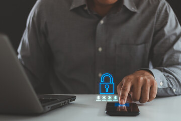 Aufkleber - Biometric security network, privacy data protection. Personal data information security with modern mobile phones in man's hands and virtual screens with digital cyber security icons and fingerprints.