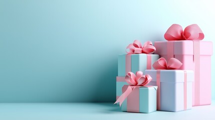 pastel color Christmas presents with light blue and pink background for special events such as birthday party mockups or Valentine's Day sales