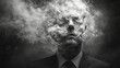 © Paul - Businessman's face fragmented into tendrils of smoke, dissolving into the dark void, symbolic of mental fog, monochrome color scheme, high-detail digital rendering, moody atmosphere