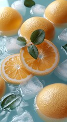 Wall Mural - Close-up of orange and lemon slices with green leaves floating on the water. Orange slices and mint leaves with ice cubes in light blue tint water.