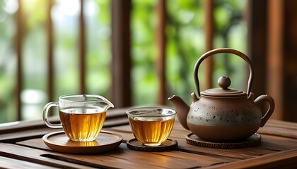 Wall Mural - Serene tea time setting with teacup and teapot on rustic wooden table surrounded by nature