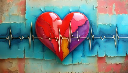 Vibrant Abstract Heart with Electrocardiogram Waves in Dynamic Colors