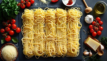 Artistic flat lay of traditional Italian spaghetti with fresh cooking ingredients and vibrant colors