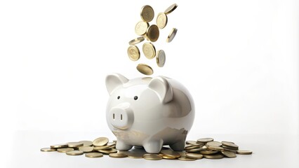 Gold coins falling and stacking onto each other around a white piggy bank on a white background