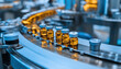 © Dexon Studios - Medical vials moving on a production line conveyor belt in pharmaceutical healthcare factory manufacturing mass production prescription drugs medication
