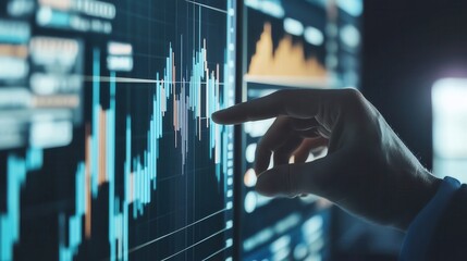 Hand pointing at graph on digital screen, analyzing financial data, and tracking market trends.