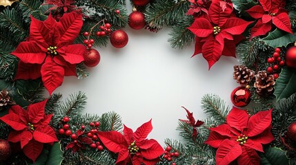 A beautiful holiday wreath adorned with vibrant red poinsettias and festive ornaments, perfect for Christmas decor.